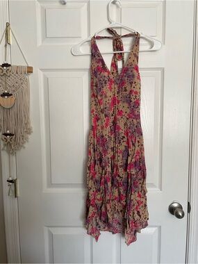 As U Wish Women’s size M Tall Floral Halter Sundress in Tan with Pink & Purple